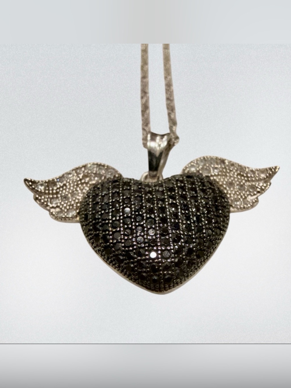 Black Spinel Sterling Silver Winged Heart Pendant Necklace Chain 18” Goth Love